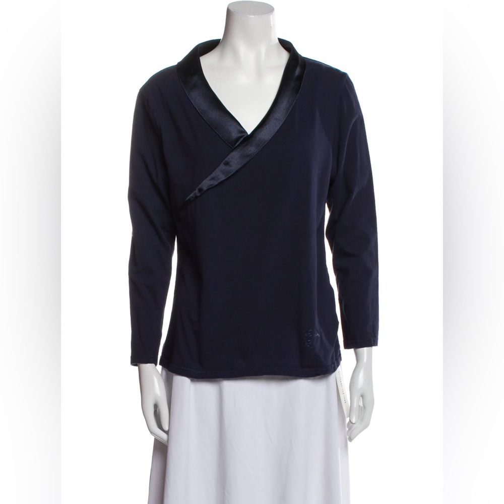 Temperley London Navy Satin-Trim V-Neck Long Sleeve Top